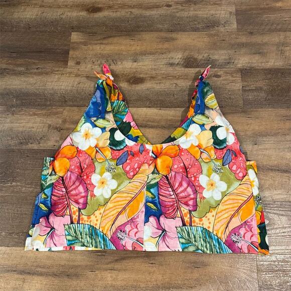 Handmade Floral V-Neck Crop Top Sleeveless Shoulder Ties 3X? Tropical Beach - Picture 2 of 6